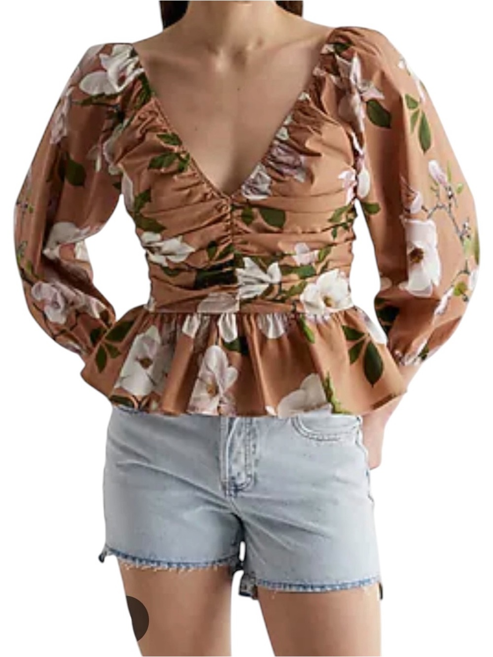 Express Floral‎ Pleated Deep V Neck Peplum Long Sleeve Boho Prep Blouse Large